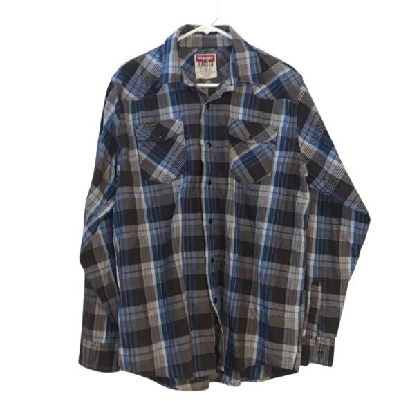 Wrangler Mens Plaid Long Sleeve Button-Down Shirt Large Blue/Gray - Picture 1 of 7
